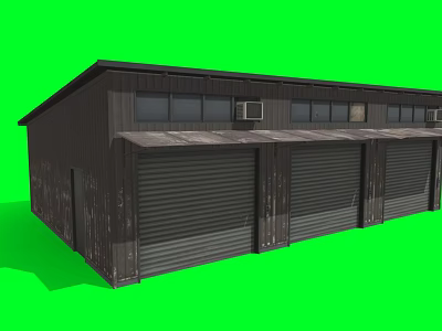 Dark Metal Industrial Building With Multiple Roll Up Doors On Green Screen Background 3d model