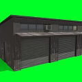 Dark Metal Industrial Building With Multiple Roll Up Doors On Green Screen Background