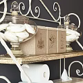 Wall Mounted Cabinet with Wrought Iron Design Glass Jars Linen Boxes Toilet Paper and Greenery