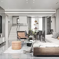 Duplex Living Room Interior With Glass Staircase Dining Area Golden Pendant Lights And Gray Floor