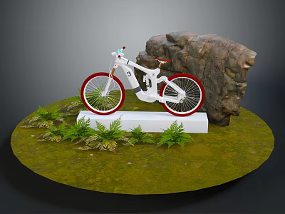 White Bicycle With Red Wheels Standing By Stone And Green Plants On White Platform 3d model