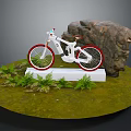 White Bicycle With Red Wheels Standing By Stone And Green Plants On White Platform