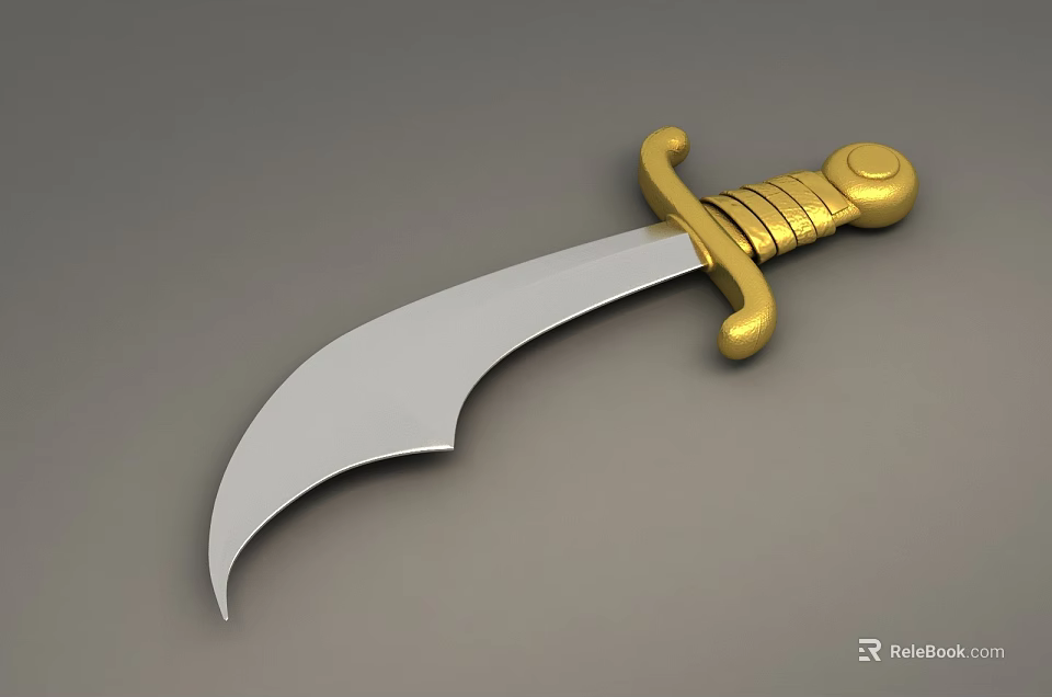 Decorative Scimitar Weapon With Golden Hilt And Sharp Silver Curved Blade 3d model 