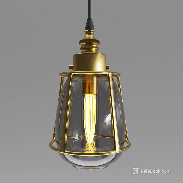 Industrial Vintage Pendant Light with Golden Metal Frame Transparent Glass Shade and Glowing Vintage Bulb 3d model 