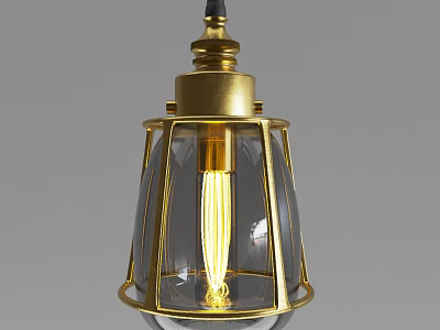 Industrial Vintage Pendant Light with Golden Metal Frame Transparent Glass Shade and Glowing Vintage Bulb 3d model