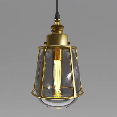 Industrial Vintage Pendant Light with Golden Metal Frame Transparent Glass Shade and Glowing Vintage Bulb 3d model