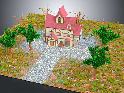 Cartoon Scenic Fairy Tale House With Red Spire Green Trees And Gravel Path 3d model