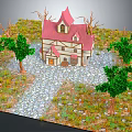 Cartoon Scenic Fairy Tale House With Red Spire Green Trees And Gravel Path