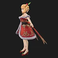 Woman in Red and Gold Christmas Dress with Pigtails and Holiday Decorations on Black Background