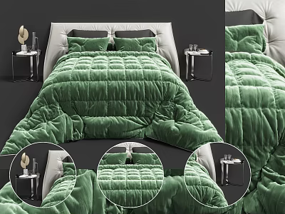 Double Bed with Green Quilted Velvet Bedding Upholstered Headboard and Nightstands with Lamps 3d model