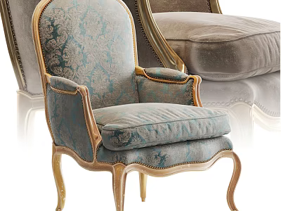 Turquoise Upholstered Armchair With Gold Frame And Damask Pattern In Luxurious Classic Style 3d model