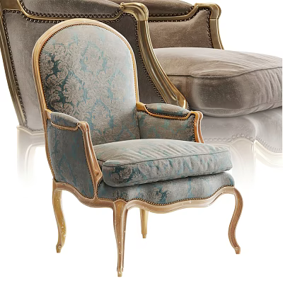 Turquoise Upholstered Armchair With Gold Frame And Damask Pattern In Luxurious Classic Style 3d model