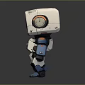 Cute Cartoon Style White Blue Robot With Square Head Round Eyes
