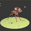Cute Orange Fawn With White Spots Near Flying Butterfly On Green Platform With Yellow Flowers