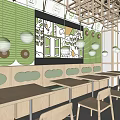 Cozy Restaurant Interior Featuring Wooden Frames Green Panels Wall Mural Round Lights And Booth Seats