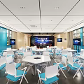School Spacious Activity Room With Modern Blue Chairs White Tables And Screens