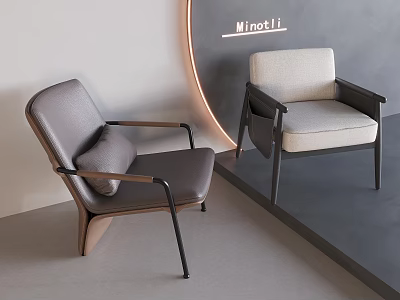 Modern Minotti Single Chair With Leather Fabric Upholstery Wooden Armrests And Metal Legs 3d model