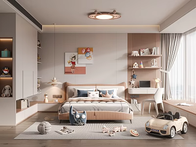 Cozy Kids Bedroom Interior Design With Bed Stuffed Toys Bookshelf And Wall Art 3d model