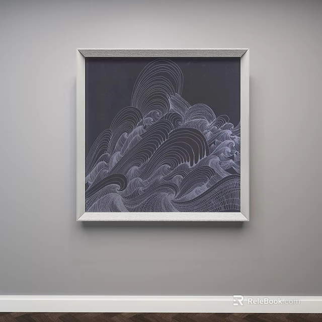 Abstract Painting With Wavy White Strokes On Dark Background Framed On Wall 3d model 