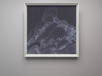 Abstract Painting With Wavy White Strokes On Dark Background Framed On Wall 3d model