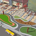 Urban Square Landscape With Modern Architectural Buildings Colorful Arch Structures And Pedestrians
