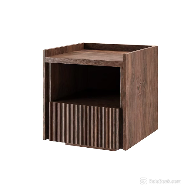 Modern Wooden Bedside Table With Open Shelf And Striped Drawer 3d model