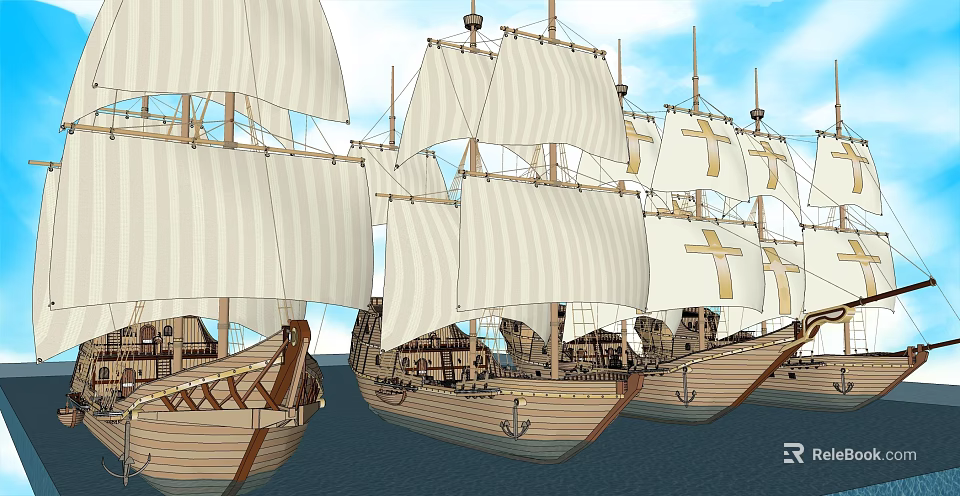 Wooden Sailing Ships With White Sails And Cross Patterns On Blue Water Under Clear Sky 3d model 