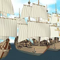 Wooden Sailing Ships With White Sails And Cross Patterns On Blue Water Under Clear Sky