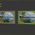 Silver and Wooden Decorative Photo Frames with Lake View and Tree Displayed on Reflective Surface