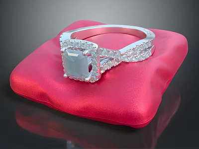 Elegant Silver Ring With Square Transparent Gemstone And Small Diamonds On Red Cushion 3d model