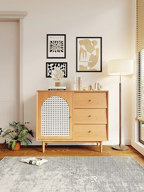 Elegant Wooden Sideboard With Drawers Decorative Items Floor Lamp And Wall Art 3d model 