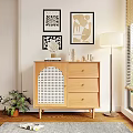Elegant Wooden Sideboard With Drawers Decorative Items Floor Lamp And Wall Art