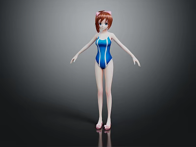 3D Model Female Character With Short Brown Hair Blue Swimsuit Pink Shoes Gray Background 3d model