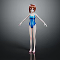 3D Model Female Character With Short Brown Hair Blue Swimsuit Pink Shoes Gray Background