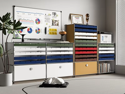 Modern Multi Colored Drawer Storage Cabinets In Office Interior With Whiteboard Trophy Books And Plant 3d model