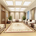 Modern Meeting Room With White Sofas Large Windows Patterned Carpet And Landscape Painting 3d model