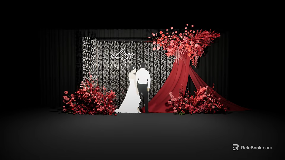 Wedding Photo Spot With Couple In Attire Red Floral Decorations Black Backdrop Love Lettering 3d model 
