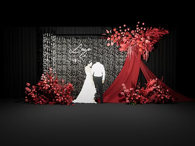 Wedding Photo Spot With Couple In Attire Red Floral Decorations Black Backdrop Love Lettering 3d model