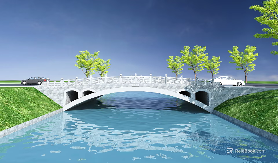 Scenic Stone Arch Bridge Over Calm River With Green Trees And Cars Driving On Top 3d model 