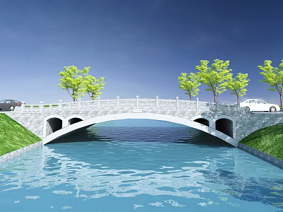 Scenic Stone Arch Bridge Over Calm River With Green Trees And Cars Driving On Top 3d model