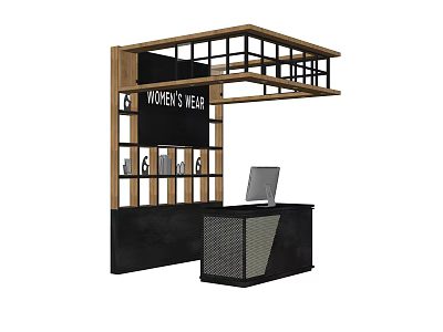 Modern Women's Wear Store Reception Desk With Wooden Frame Black Counter And Computer Monitor 3d model