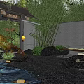Traditional Courtyard Garden Design with Lush Trees Flowing Stream and Wooden Table Area