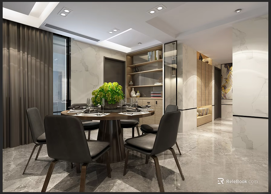 Modern Dining Living Room Interior With Round Table Chairs Green Plant And Marble Walls 3d model 