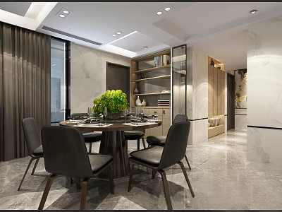Modern Dining Living Room Interior With Round Table Chairs Green Plant And Marble Walls 3d model