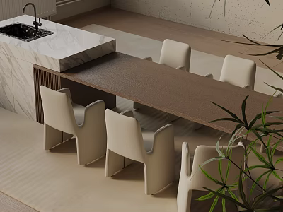 Elegant Modern Dining Table Set With Matching Chairs Marble Countertop Sink And Green Plant 3d model