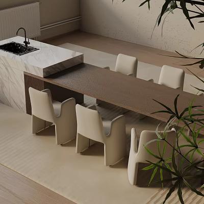 Elegant Modern Dining Table Set With Matching Chairs Marble Countertop Sink And Green Plant 3d model