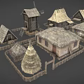 Wooden Houses with Thatched Roofs and Wooden Fences in Rural Setting