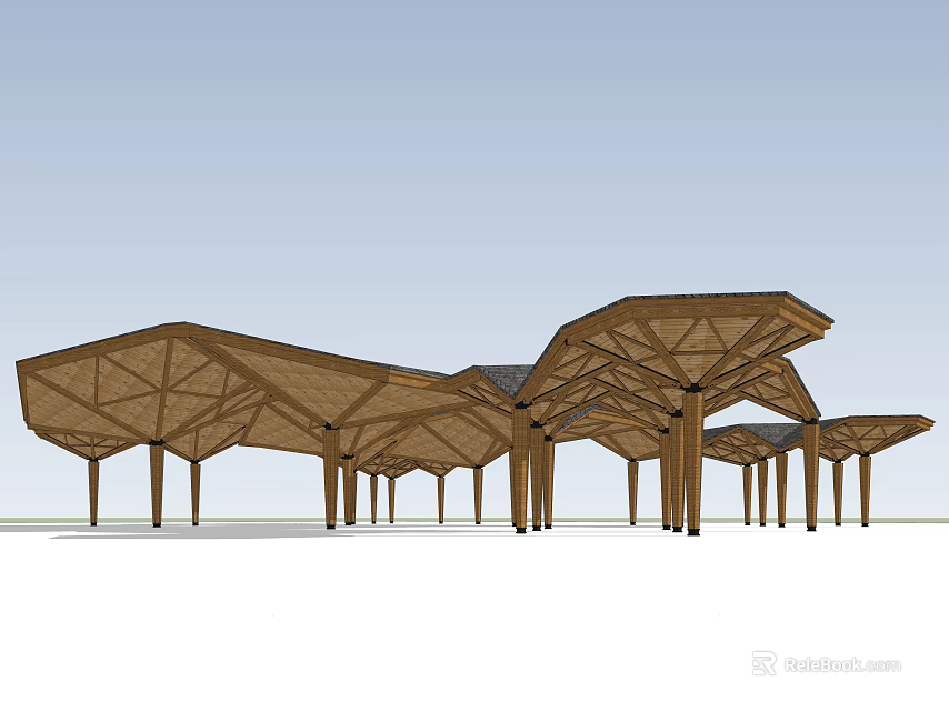 Modern Wooden Pergola Structure Featuring Geometric Roof For Outdoor Leisure Area 3d model 