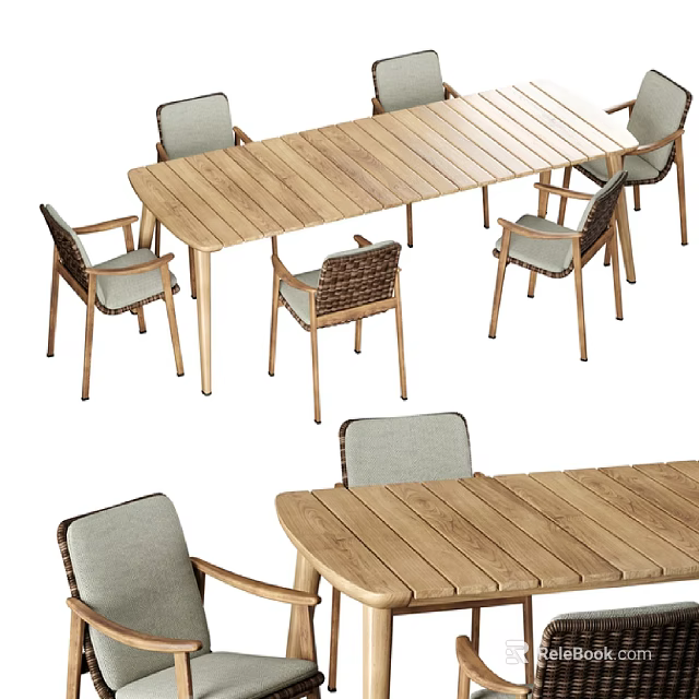 Modern Wooden Table And Wicker Chairs Set With Fabric Seats For Indoor Outdoor Use 3d model 