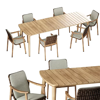 Modern Wooden Table And Wicker Chairs Set With Fabric Seats For Indoor Outdoor Use 3d model